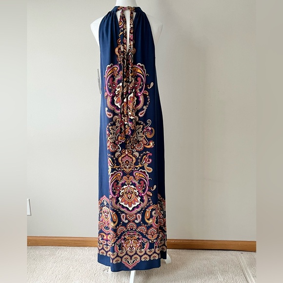 NWT - MSK Navy Blue Challis Printed Tied Halter Neck Stretch Maxi Dress - Picture 4 of 7